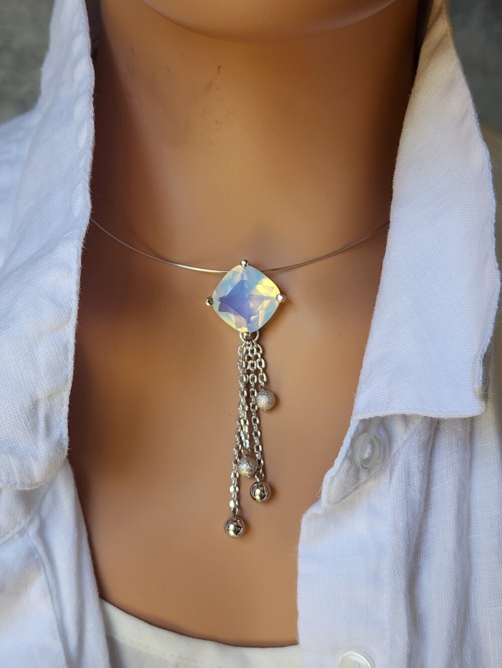 Lightweight Silver Necklace Hypoallergic Minimalist Swarovski Elements Crystal